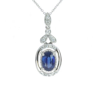 14kt white gold diamond and sapphire oval drop fashion necklace D tw 1/6cts VS2 clarity, near colorless G color S tw 1.14 on 18" link chain