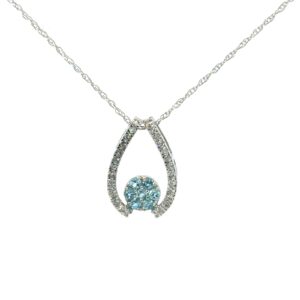 10kt white gold diamond and blue topaz cluster pendant D tw 0.15cts on machine made rope chain 18" D tw 0.15cts SI2 clarity, near colorless H color