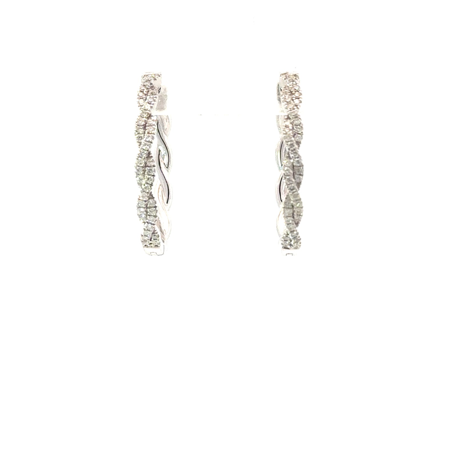 .jpg 14kt white gold twisted diamond oval huggie hoop earring D tw 1/4ct SI clarity near colorless G/H color