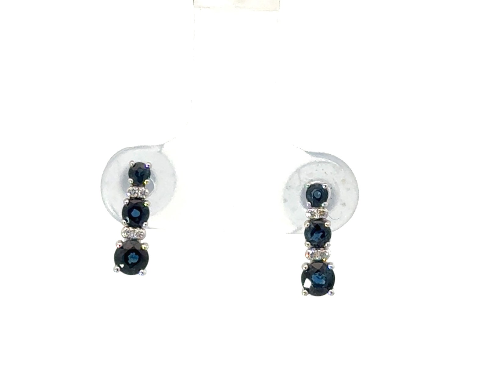 14kt white gold diamond and genuine sapphire bar earrings D tw 0.02cts VS2 clarity, near colorless I/J color with friction backs