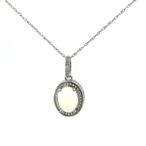 10kt white gold diamond and genuine opal halo pendant D tw 0.05cts on machine made rope 18" SI2 clarity, near colorless I color