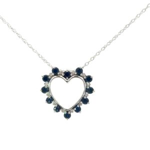 10kt white gold diamond and genuine sapphire heart pendant on machine made rope 18"