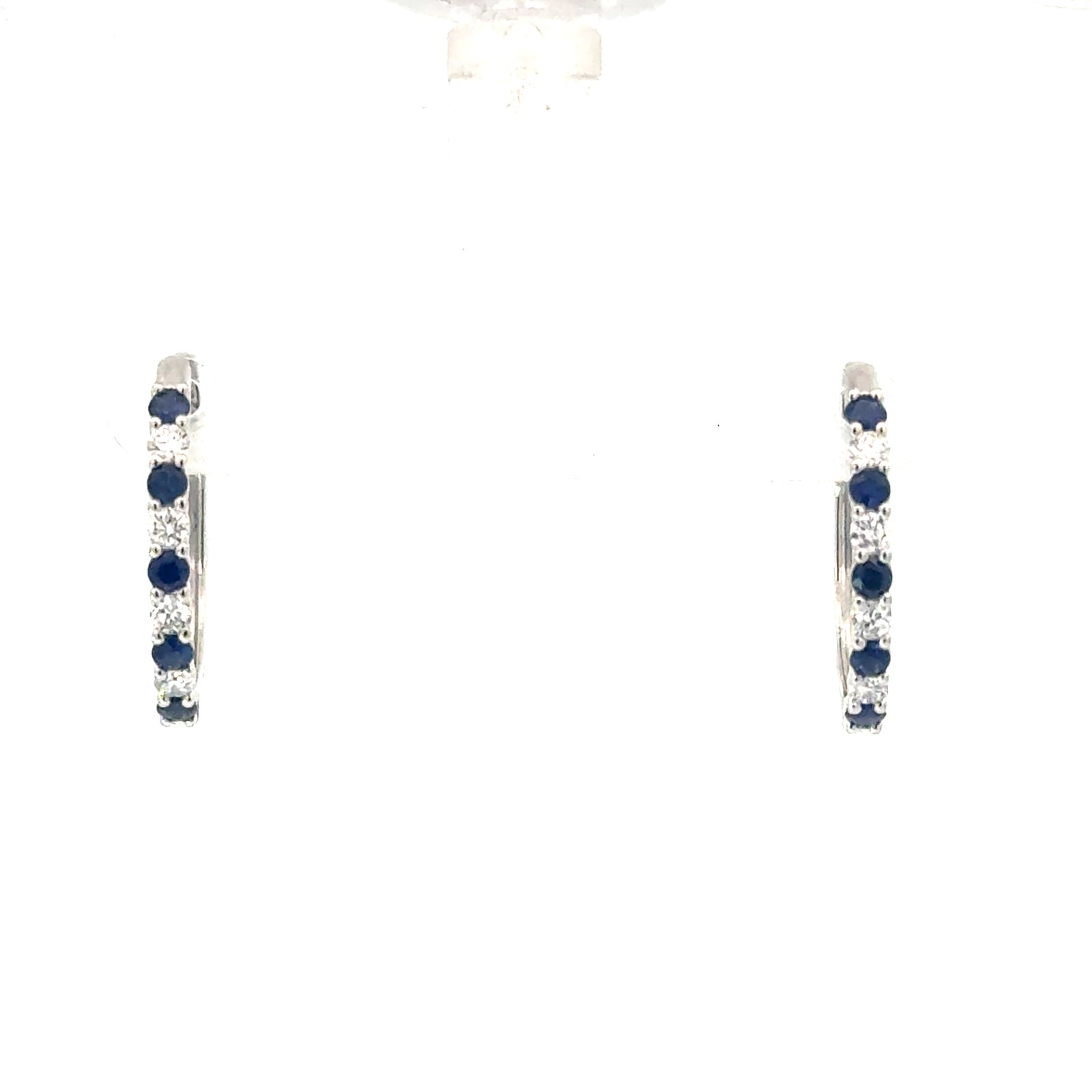 .jpg 14kt white genuine sapphire and diamond huggie hoop earring D tw 1/3ct S tw 1/2ct VS2 clarity, near colorless G color