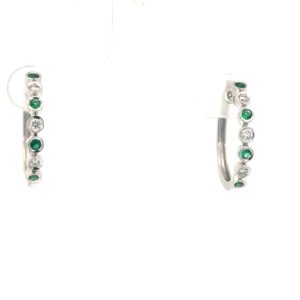 14kt white gold diamond and emerald bezel set huggie hoop earring E tw 1/5ct D tw 1/6ct VS2 clarity, near colorless G color