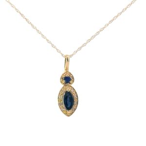 10kt yellow gold genuine sapphire and diamond marquis shape pendant D tw 0.05cts SI clarity, near colorless H/I coloe on 18" machine made rope