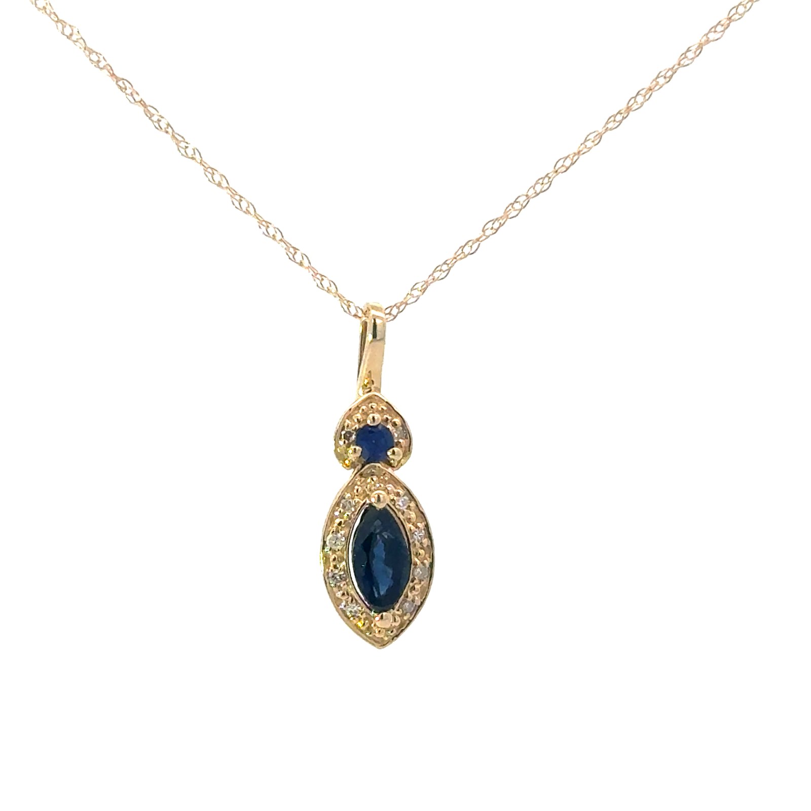 .jpg 10kt yellow gold genuine sapphire and diamond marquis shape pendant D tw 0.05cts SI clarity, near colorless H/I coloe on 18" machine made rope