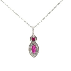 10kt white gold genuine ruby and diamond marquis shape halo pendant D tw 0.05cts SI clarity, near colorless H/I color on machine made rope 18"