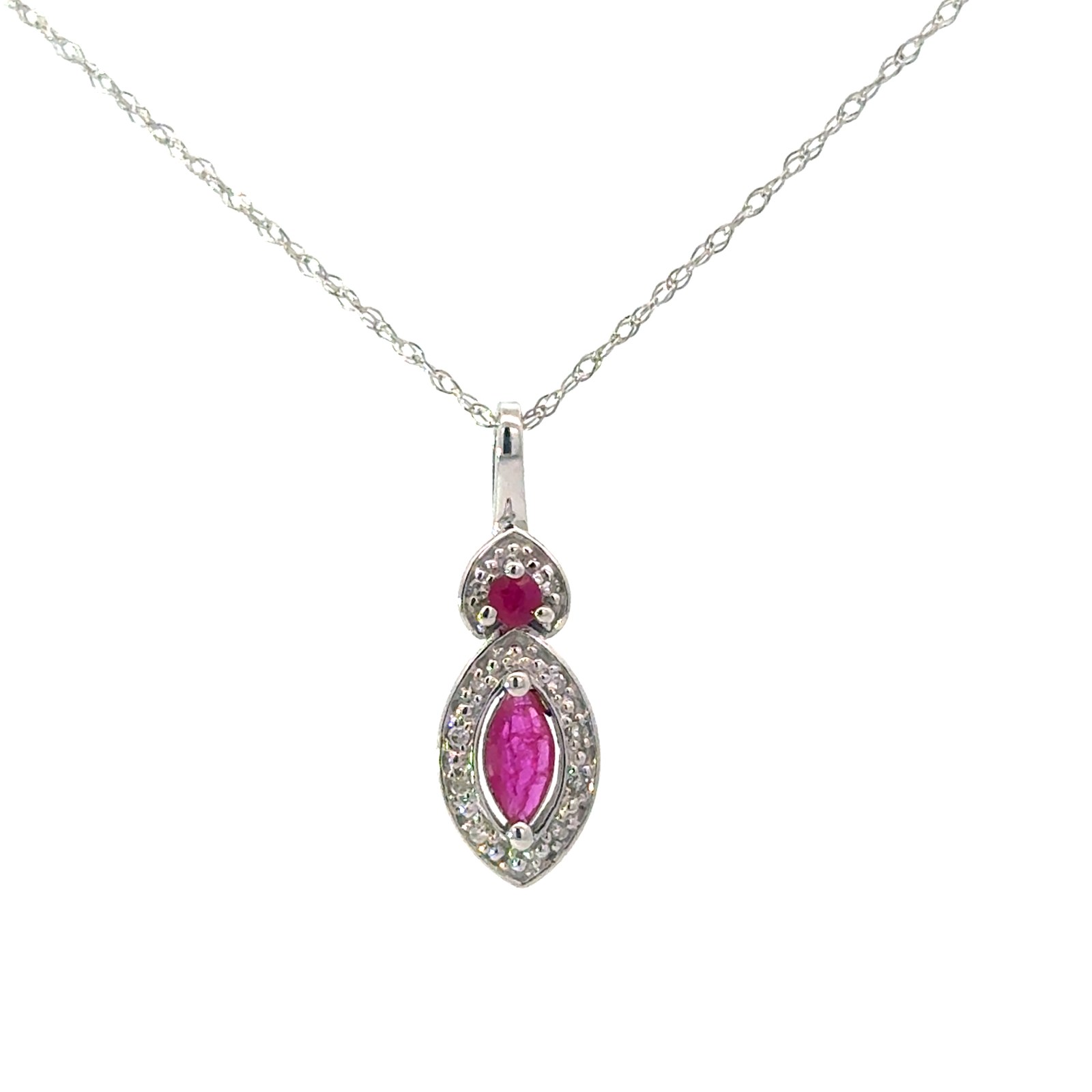 .jpg 10kt white gold genuine ruby and diamond marquis shape halo pendant D tw 0.05cts SI clarity, near colorless H/I color on machine made rope 18"