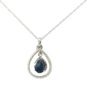 10kt white gold diamond pear shape genuine sapphire halo pendant tw 0.07cts I clarity, near colorless I/J color on machine made rope 18"