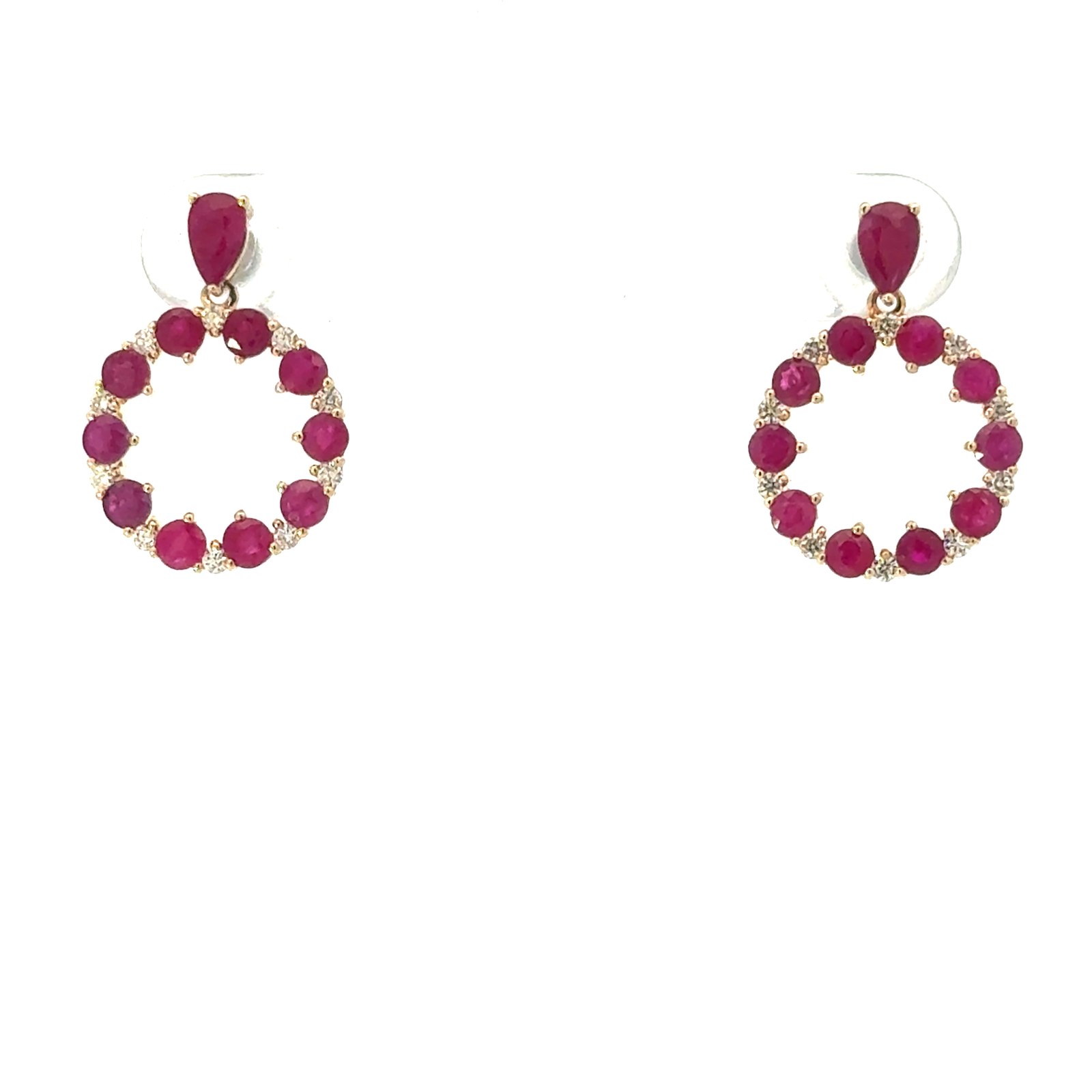 .jpg 14kt yellow gold genuine diamond and ruby dangle circle fashion earring R tw 2.10cts D tw 0.35cts VS2/SI1 clarity, near colorless I/J color screw backs