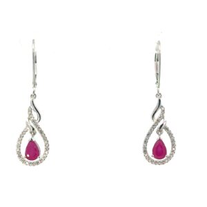10kt white gold diamond and ruby dangle fashion pear shap earring D tw 0.20cts R tw 0.65cts SI2 clarity, near colorless I/J color