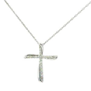 10kt white gold diamond cross pendant tw 0.15pts on machine made rope 18"