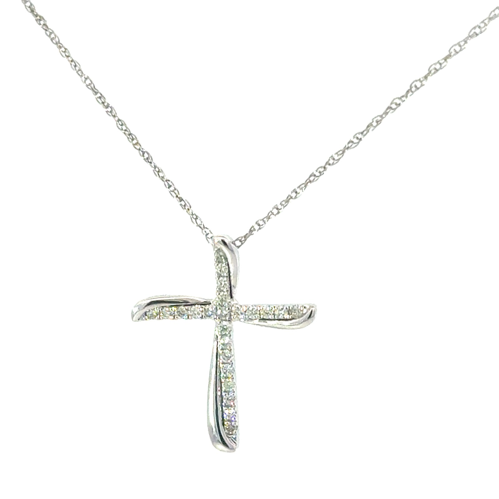 .jpg 10kt white gold diamond cross pendant tw 0.15pts on machine made rope 18"