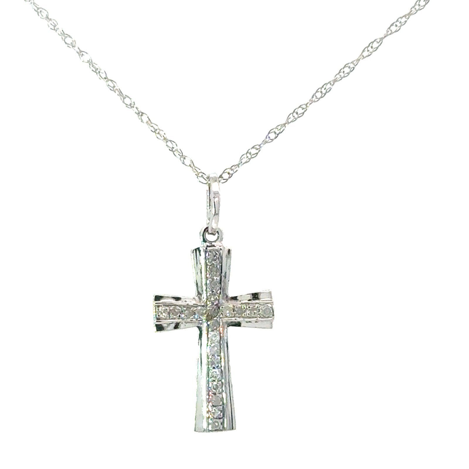 .jpg 10kt white gold diamond cross pendant tw 0.10cts on machine made rope chain 18" I clarity, near colorless I/J color