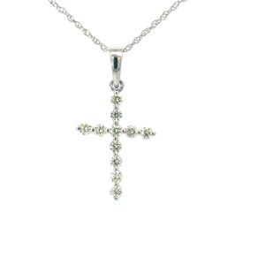 10kt white gold diamond cross pendant on machine made rope tw 0.25cts SI clarity, near colorless J/K color