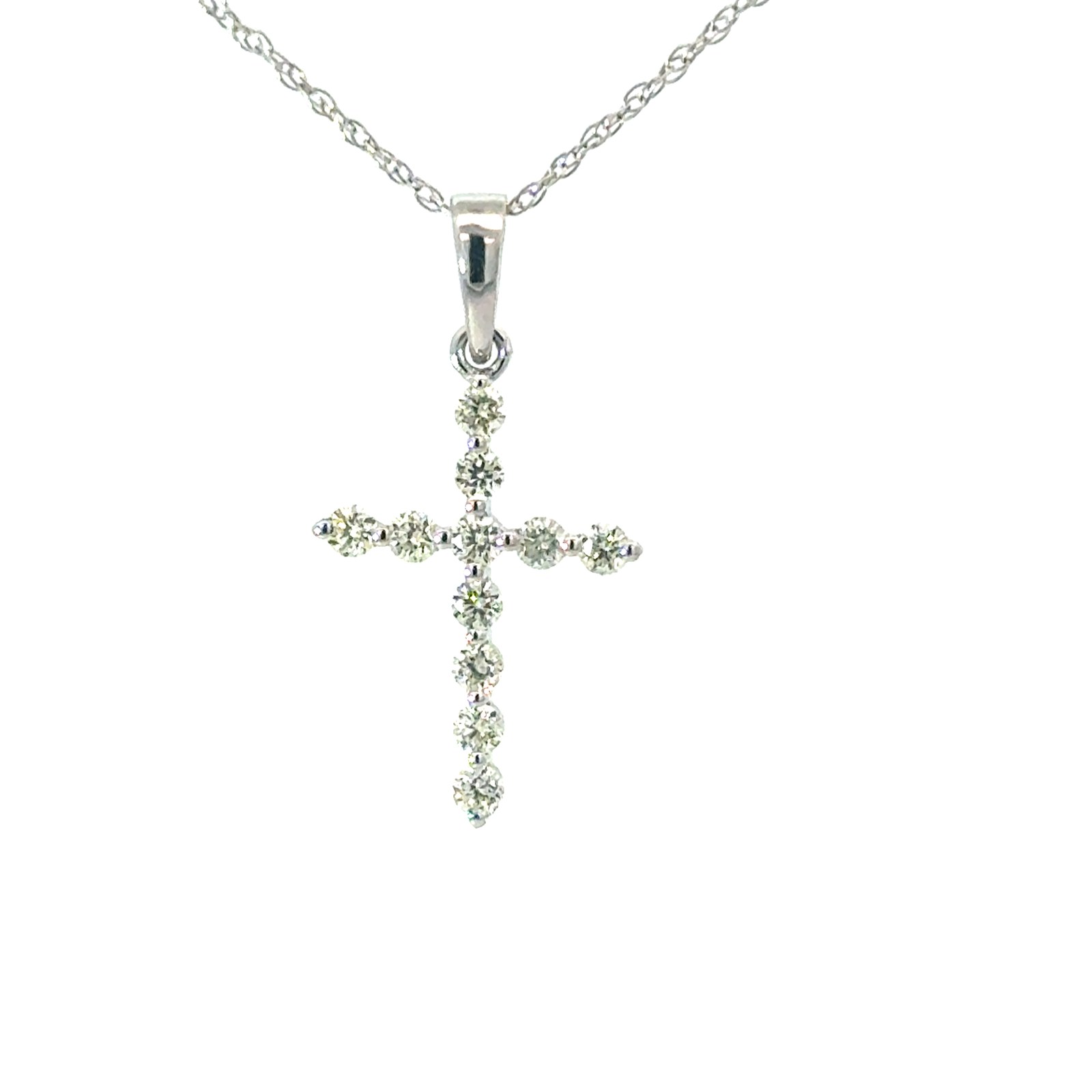 .jpg 10kt white gold diamond cross pendant on machine made rope tw 0.25cts SI clarity, near colorless J/K color