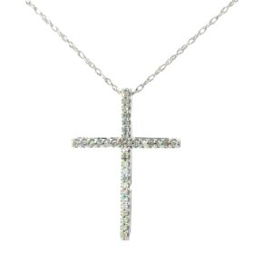 10kt white gold diamond cross pendant on machine made rope 0.11 pts I clarity, near colorless