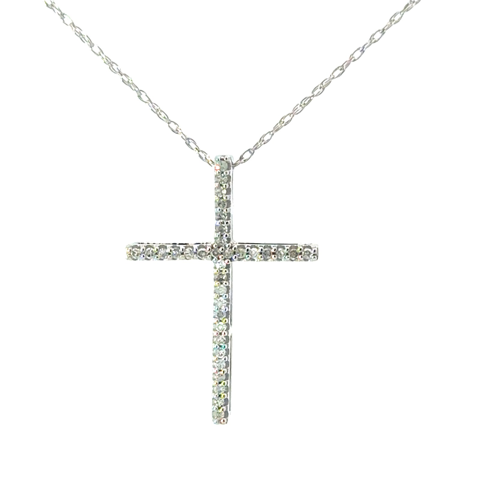 .jpg 10kt white gold diamond cross pendant on machine made rope 0.11 pts I clarity, near colorless