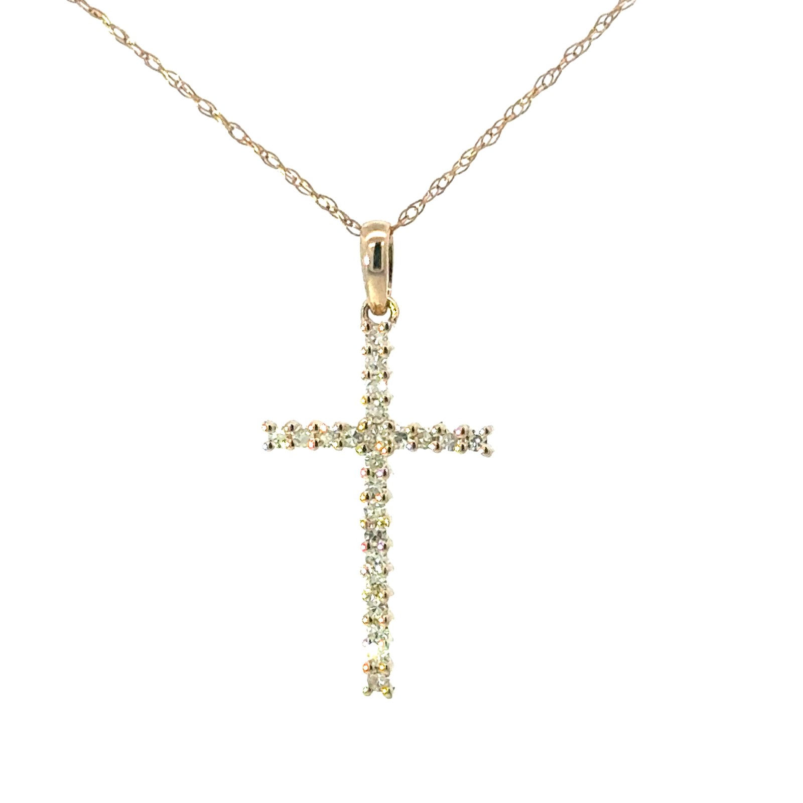 .jpg 10kt yellow gold diamond cross tw 0.25cts SI clarity, near colorless on machine made rope 18"