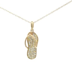 10kt yellow gold diamond pave flip flop pendant tw 0.30cts SI clarity, near colorelss H color on machine made rope 18"