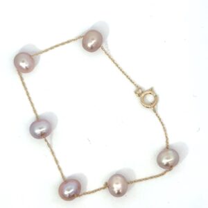 14kt yellow gold pinkish cultured pearl by yard bracelet with spring ring clasp 7"
