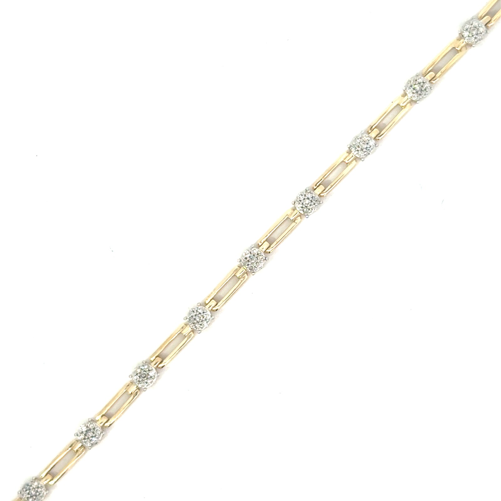 .jpg 10kt yellow gold diamond cluster tennis bracelet tw 0.50cts SI clarity, near colorless I color with hidden box catch and foldover safety