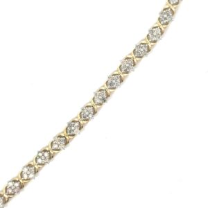 10kt yellow gold diamond cluster diamond tennis bracelet D tw 3.00cs SI2 clarity, near colorelss J/K color with hidden catch and foldunder safety