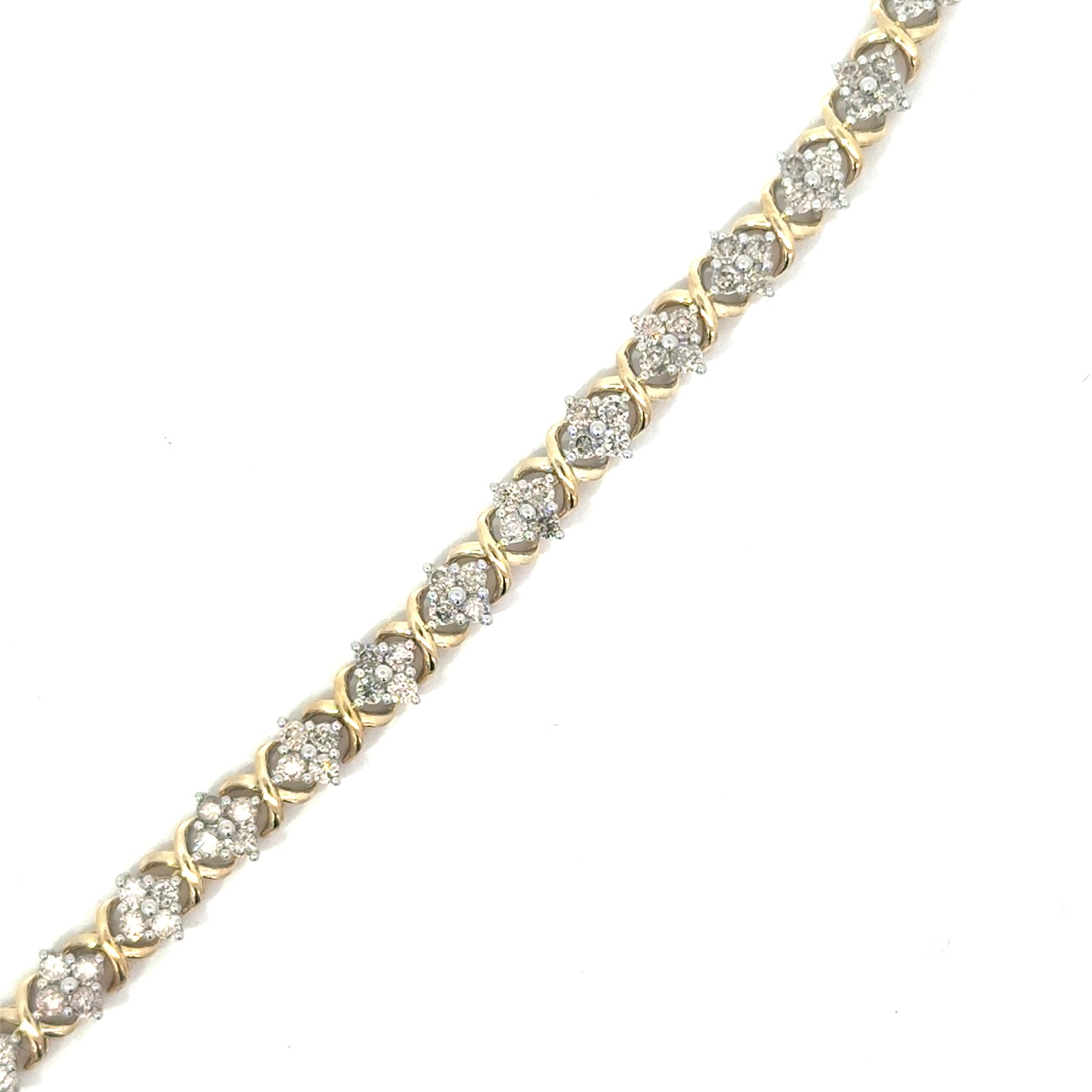 .jpg 10kt yellow gold diamond cluster diamond tennis bracelet D tw 3.00cs SI2 clarity, near colorelss J/K color with hidden catch and foldunder safety