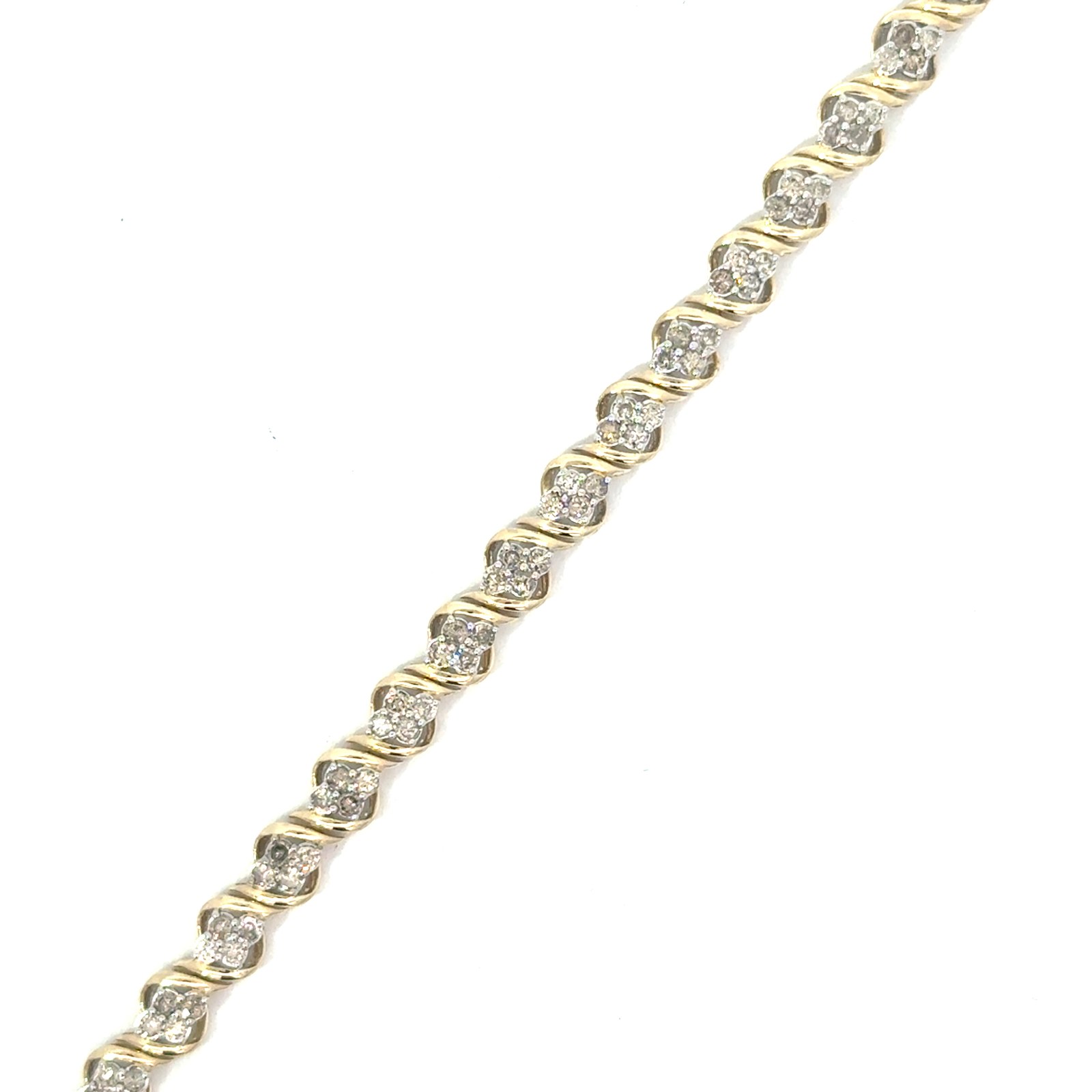 .jpg 10kt yellow gold diamond cluster tennis bracelet D tw 2.00cts SI2 clarity, near colorless J/K color with hidden box catch and foldover safety