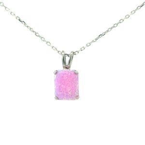 Sterling silver rhodium plated created pink opal emerald cut pedant on 1.2mm cable chain 18"