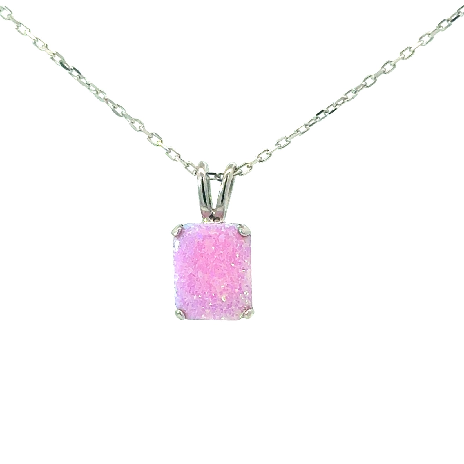 Sterling silver rhodium plated created pink opal emerald cut pedant on 1.2mm cable chain 18"