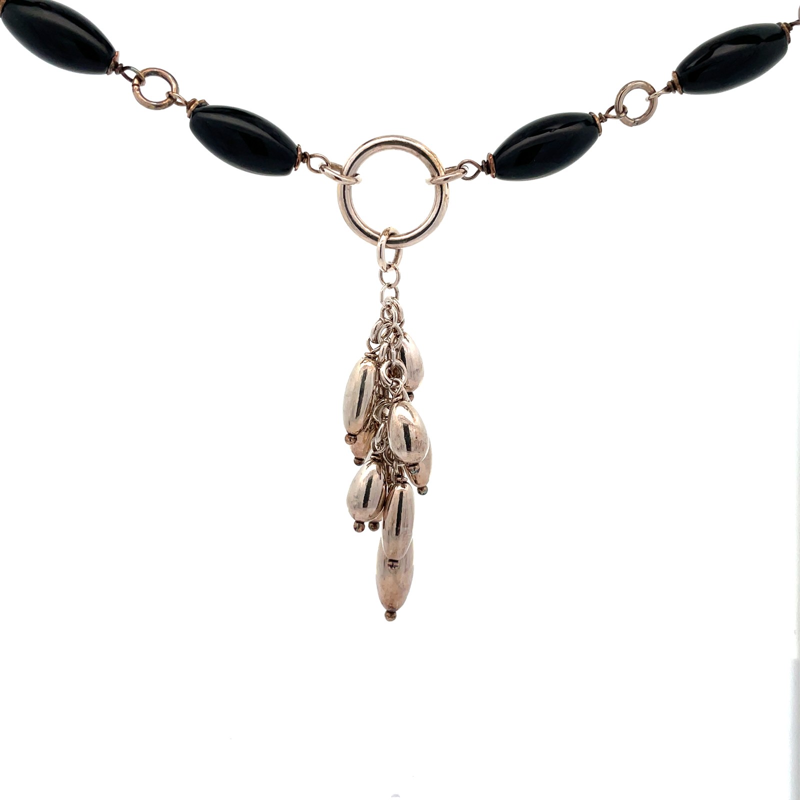 SS 7" GENUINE OVAL ONYX WITH STERLING SILVER OVAL BEADS NECKLACE