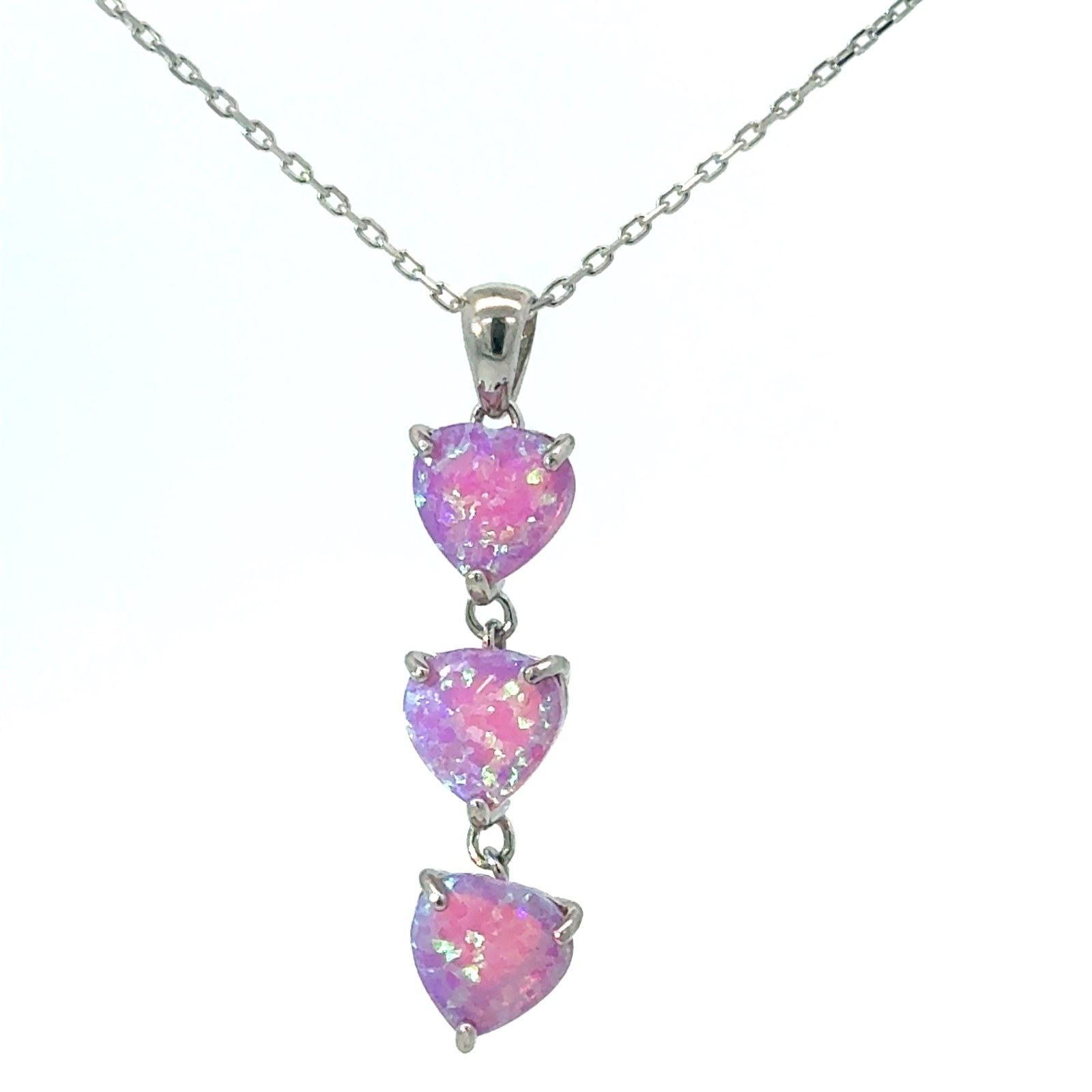 .jpg Sterling Silver rhodium plated created pink heart opal dangle necklace on 1.2mm diamond cut cable chain 18"