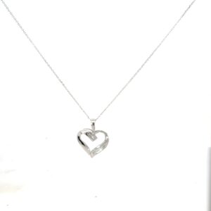 10kt white gold diamond baguette heart pendant on 0.8mm diamond cut cable chain 18" D tw 0.05cts SI clarity, near colorless H/I color