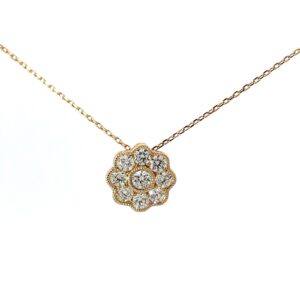 14kt yellow gold diamond fancy pendant with milgrain edge on adjustable link chain 18" D tw 0.75cs VS2, G