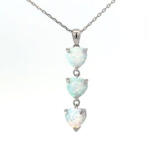 Sterling Silver rhodium plated created white opal tripple heart pendant on diamond cut cable chain 18"