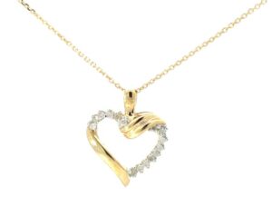 10kt yellow gold open diamond heart pendant on 0.8mm diamond cut cable chain 18" D tw 0.10cts SI clarity, near colorless H/I color