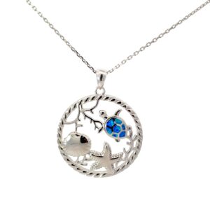 Sterling Silver created blue opal inlay cut out nautical circle pendant on 1.1mm diamond cut cable chain 18"