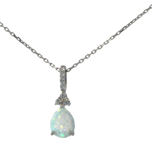 Sterling Silver rhodium plated created white opal pear shape and cz necklace on 1.2mm diamond cut cable chain 18"