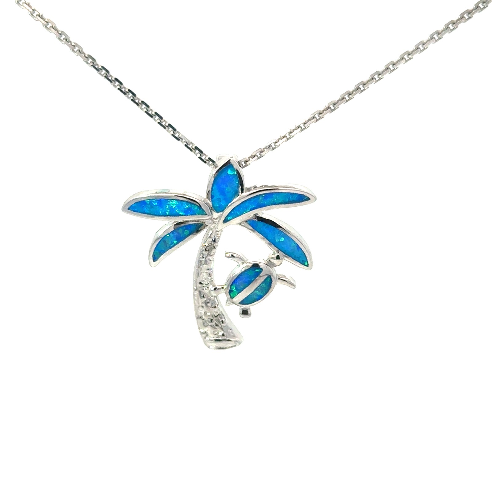 Sterling Silver rhodium plated created blue opal inlay trutle and palm tree pendant on 1.4mm diamond cut cable chain 18"