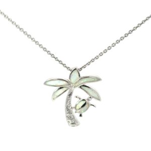 Sterling Silver rhodium plated created white opal inlay tutle and palm tree pendant on 1.4mm diamond cut cable chain 18"