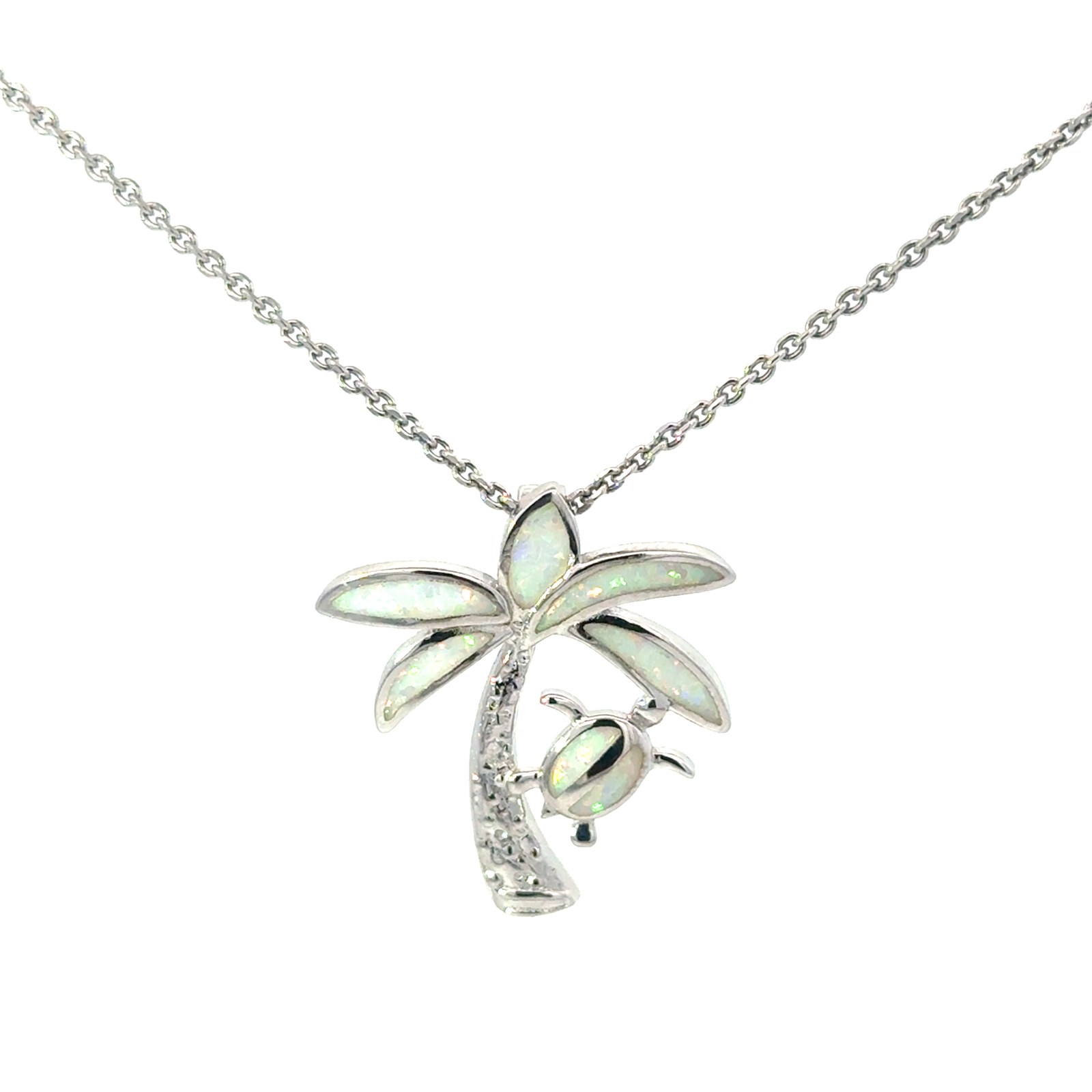 Sterling Silver rhodium plated created white opal inlay tutle and palm tree pendant on 1.4mm diamond cut cable chain 18"