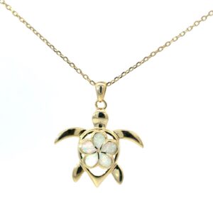 Sterling Silver gold plated created white opal turtle with flower pendant on diamond cut cable chain 18"
