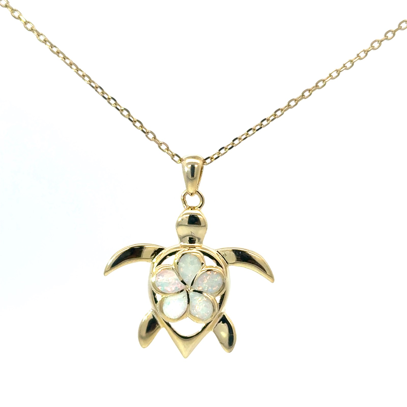 .jpg Sterling Silver gold plated created white opal turtle with flower pendant on diamond cut cable chain 18"