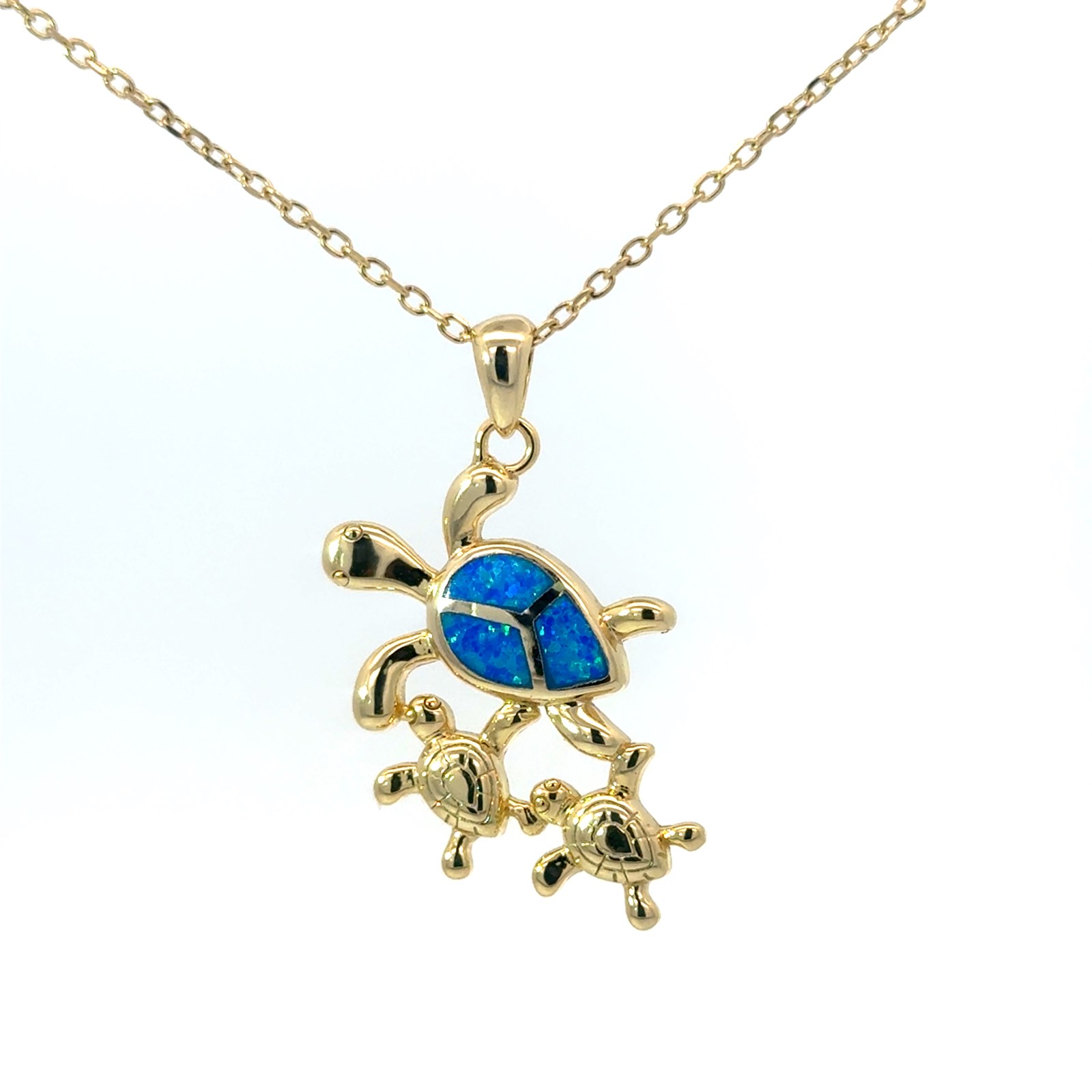 .jpg Sterling Silver gold plated created blue opal family turtle pendant on diamond cut cable chain 18"
