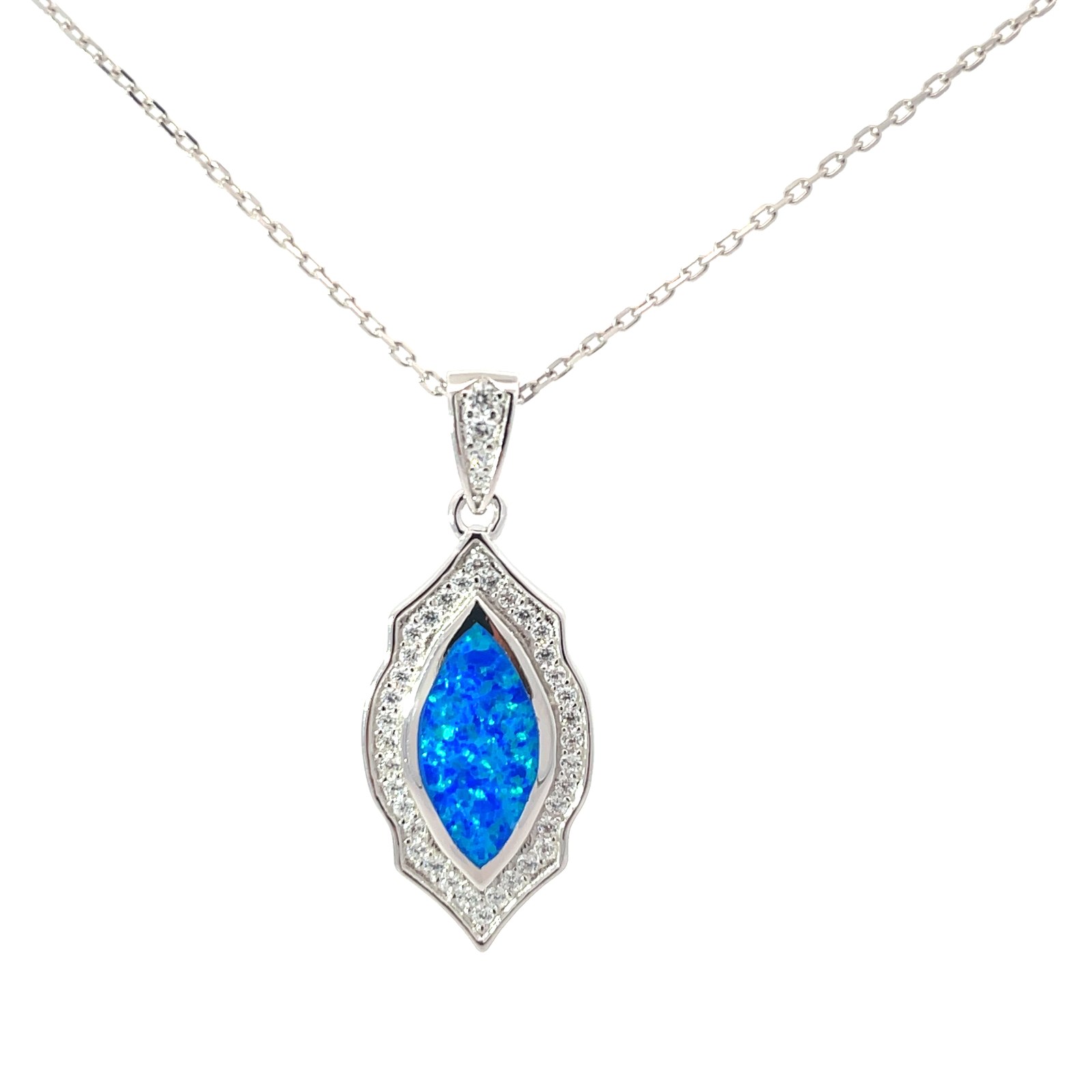 .jpg Sterling Silver created blue opal art deco cubic zirconia pendant on 1.1mm diamond cut cable 18"