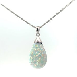 Sterling Silver rhodium plated created white opal pear shape dangle pendant on 1.4mm diamnd cut cable chain 18"