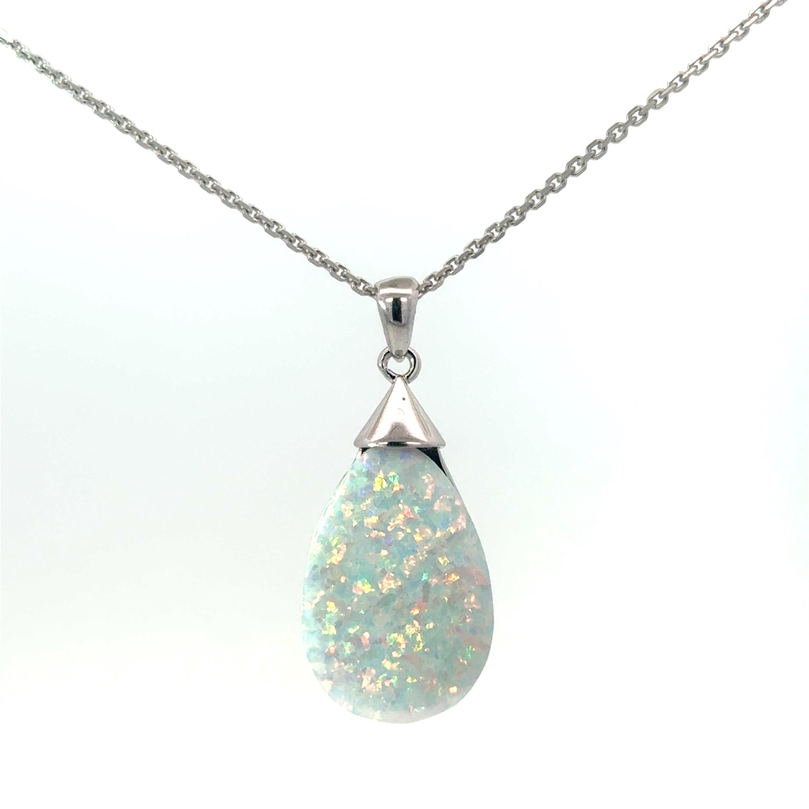 Sterling Silver rhodium plated created white opal pear shape dangle pendant on 1.4mm diamnd cut cable chain 18"