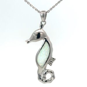 Sterling Silver rhodium plated created white opal inlay seahorse pendant on 1.4mm diamond cut cable chain 18"