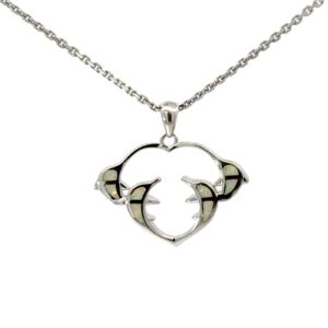 Sterling Silver rhodium plated created white opal inlay dolphin heart pendant on 1.5mm diamond cut cable chain 18"